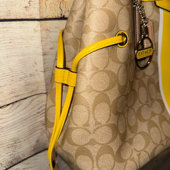 Coach Beige and Yellow Signature Drawstring Tote - Picture 8 of 12